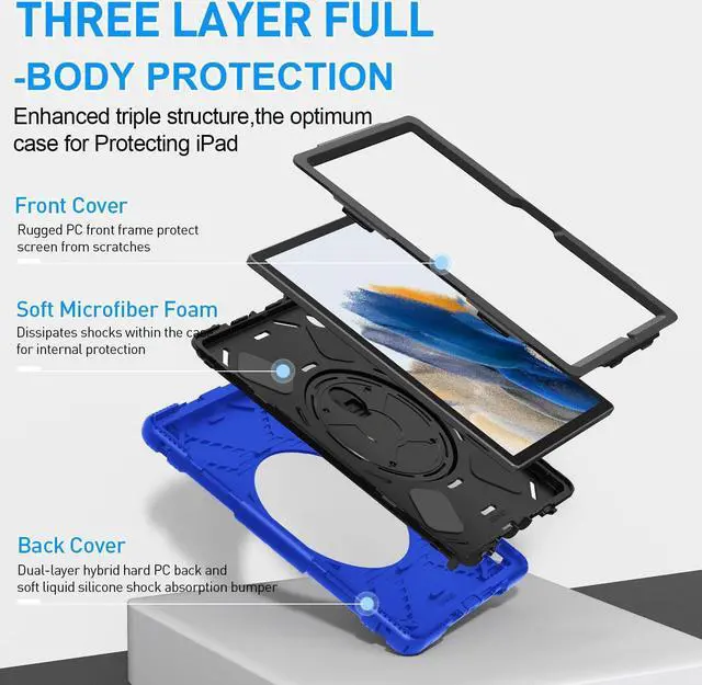 Alt view image 7 of 7 - BONAEVER Case for Samsung Galaxy Tab A8 10.5 inch 2022 SM-X200/X205/X207 Shockproof Cover with Stand/Hand Strap/Shoulder Strap/Pen Holder Blue