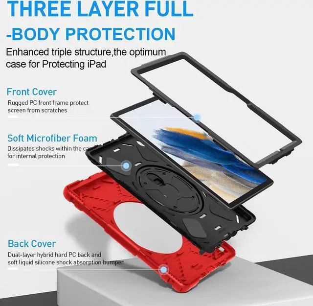 Alt view image 7 of 7 - BONAEVER Case for Samsung Galaxy Tab A8 10.5 inch 2022 SM-X200/X205/X207 Shockproof Cover with Stand/Hand Strap/Shoulder Strap/Pen Holder Red