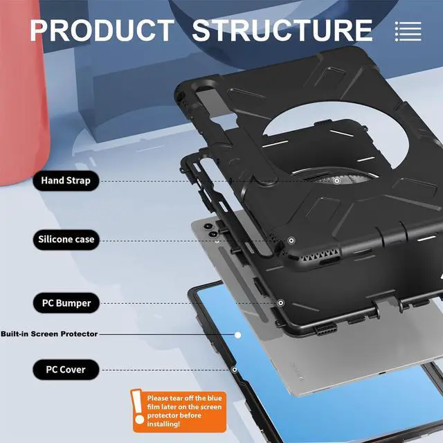Alt view image 5 of 7 - BONAEVER Case for Samsung Galaxy Tab S10 Ultra 2024 / S9 Ultra / S8 Ultra 14.6 inch Shockproof Cover with Screen Protector/Hand Strap/Shoulder Strap/Pen Holder