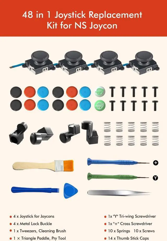 Alt view image 5 of 7 - 48 in 1 Joycon Joystick Replacement Kit , Switch Joystick Replacement for Switch/Switch Lite/Switch OLED, Include 4 Thumb 3D Sticks, 4 Metal Buckles, 2 Screwdrivers, Pry Tool, 14 Thumbstick Grips