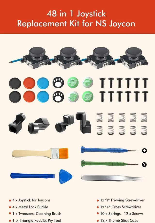 Alt view image 5 of 7 - Joycon Joystick Replacement Kit( 48 in one), Switch Joystick Replacement for Switch/ Switch Lite/ Switch OLED, Include 4 Thumbsticks, 4 Metal Buckles, 2 Screwdrivers, Pry Tool, 12 Thumbstick Grips