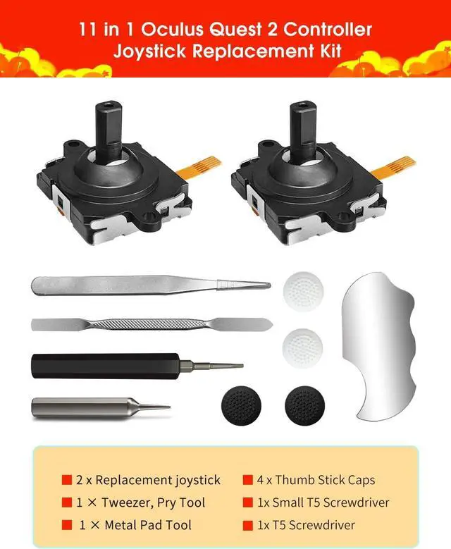 Alt view image 6 of 6 - Joystick Replacement Kit for Oculus Quest 2 Controller(11 in one), Repair Kit Accessories for Meta Quest 2 Controller, Include 2 Thumb Sticks, T5 Screwdriver, Tweezer, Pry Tool, 4 Thumbstick Grips