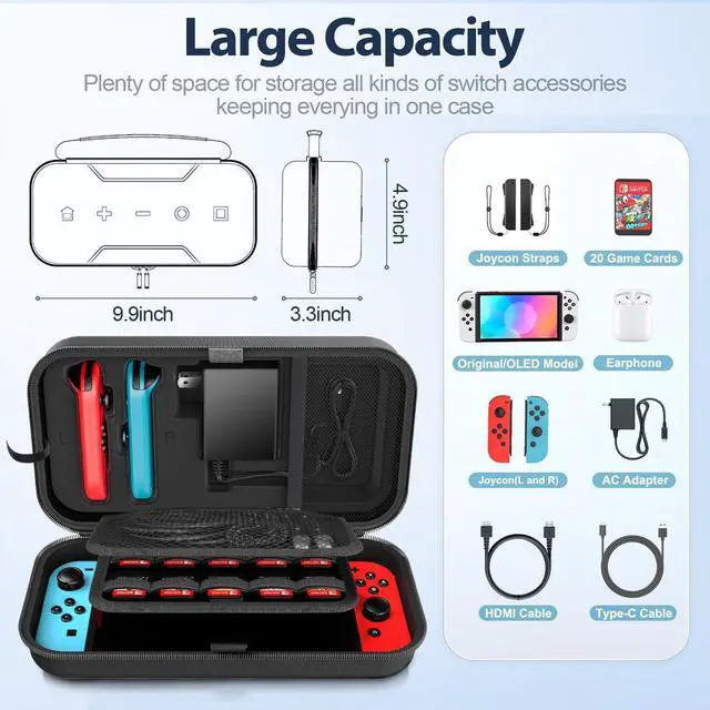 Alt view image 3 of 7 - BONAEVER Switch OLED Carrying Case Compatible with Nintendo Switch/OLED Model, Portable Switch Travel Carry Case Fit for Joy-Con and Adapter, Hard Shell Protective Switch Pouch Case with 20 Games