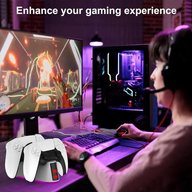Alt view image 5 of 7 - PS5 Slim Controller Charger Station,Fast Charging PS5 Controller Charger for Edge & Dual Controller,Ps5 Controller accessories with Charging Cable,Ps5 controller Stand Dock with RGB LED Indicators