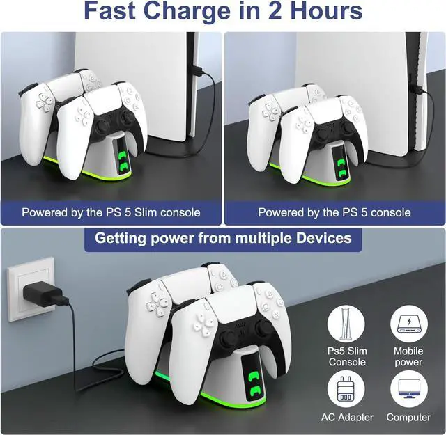 Alt view image 3 of 7 - PS5 Slim Controller Charger Station,Fast Charging PS5 Controller Charger for Edge & Dual Controller,Ps5 Controller accessories with Charging Cable,Ps5 controller Stand Dock with RGB LED Indicators