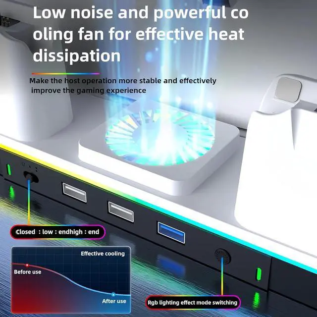 Alt view image 3 of 7 - BONAEVER Cooling Station for PS5/PS5 Slim Console (Disc& Digital),PS5 Slim Stand with Fast Controller Charging Station,Controller Charger,3 Speeds Cooling Fan,Headset Holder,RGB Lights&3 USB Ports
