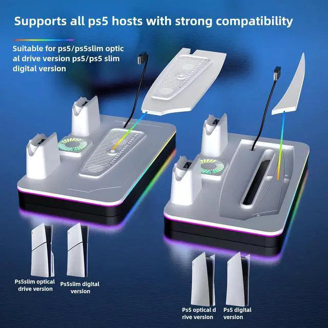 Alt view image 5 of 7 - BONAEVER Cooling Station for PS5/PS5 Slim Console (Disc& Digital),PS5 Slim Stand with Fast Controller Charging Station,Controller Charger,3 Speeds Cooling Fan,Headset Holder,RGB Lights&3 USB Ports