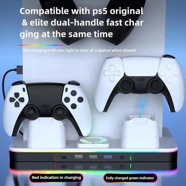 Alt view image 6 of 7 - BONAEVER Cooling Station for PS5/PS5 Slim Console (Disc& Digital),PS5 Slim Stand with Fast Controller Charging Station,Controller Charger,3 Speeds Cooling Fan,Headset Holder,RGB Lights&3 USB Ports