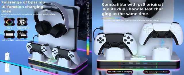 Alt view image 7 of 7 - BONAEVER Cooling Station for PS5/PS5 Slim Console (Disc& Digital),PS5 Slim Stand with Fast Controller Charging Station,Controller Charger,3 Speeds Cooling Fan,Headset Holder,RGB Lights&3 USB Ports