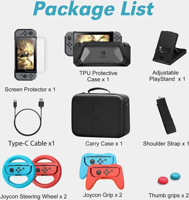 Alt view image 6 of 7 - BONAEVER Switch Accessories Bundle 12 in 1 Compatible with Nintendo Switch, Gift Kit with Carrying Case, Protective Case Cover, Screen Protector, PlayStand, Joycon Grip & More