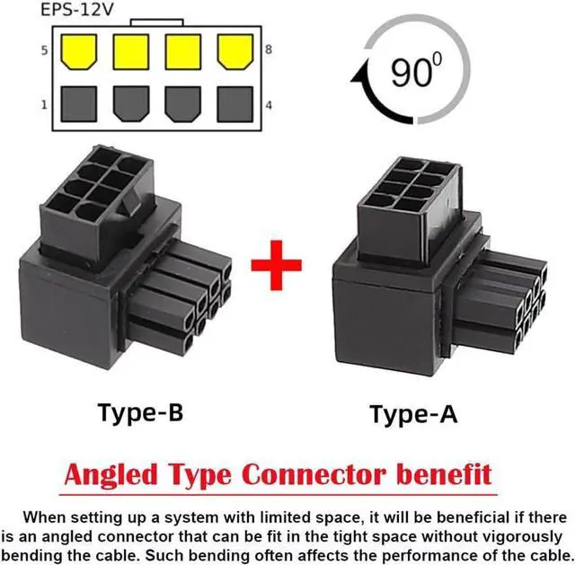Alt view image 2 of 7 - BONAEVER 2 Packs 90 Degree Up Down Angled ATX 8P EPS Male to Female Power Header Adapter for CPU 12V
