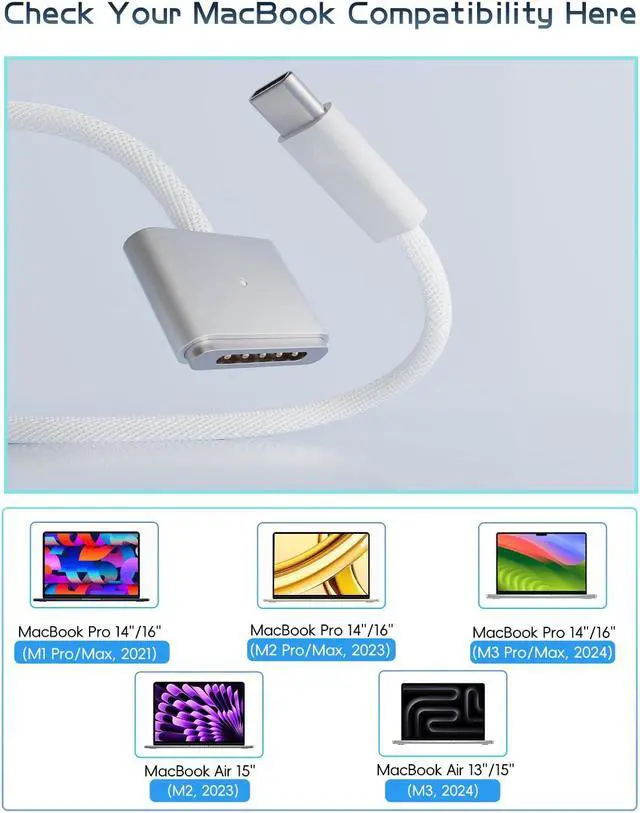 Alt view image 4 of 5 - BONAEVER 140W USB-C to Magnetic 3 Cable (2 m/6.6 ft), USB C Fast Charging Cable Compatible with MacBook Air (15''/13'' M3 2024, M2 2023/2022),MacBook Pro (16"/14" M2 Pro & Max 2023, M1 Pro & Max 2021)