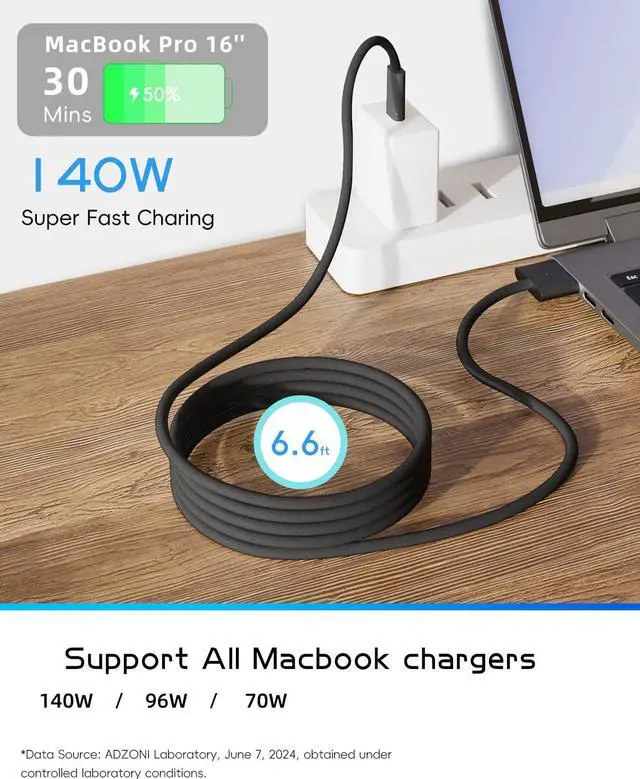 Alt view image 4 of 7 - BONAEVER 140W USB-C to Magnetic 3 Cable (2 m/6.6 ft), USB C Fast Charging Cable Compatible with MacBook Air (15''/13'' M3 2024, M2 2023/2022),MacBook Pro (16"/14" M2 Pro & Max 2023, M1 Pro & Max 2021)