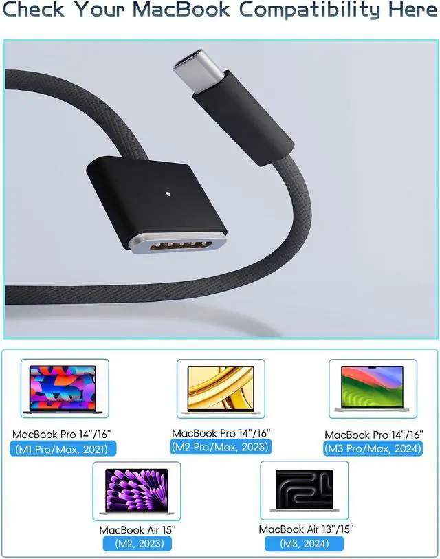 Alt view image 2 of 7 - BONAEVER 140W USB-C to Magnetic 3 Cable (2 m/6.6 ft), USB C Fast Charging Cable Compatible with MacBook Air (15''/13'' M3 2024, M2 2023/2022),MacBook Pro (16"/14" M2 Pro & Max 2023, M1 Pro & Max 2021)