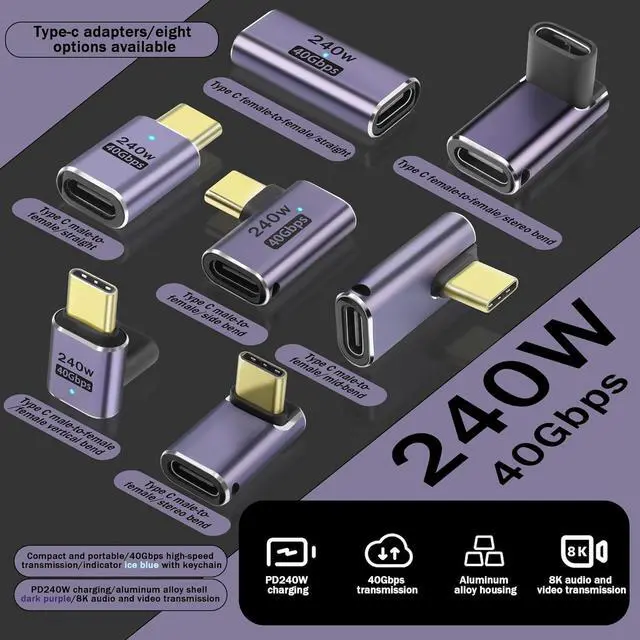 Alt view image 7 of 7 - BONAEVER 2 Pack USB4 C Adapter, 240W USB C Male to Female Extender Connector, USB 4 Type C 40Gbps Support 8K &60Hz Video Connector