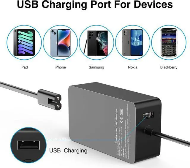 Alt view image 5 of 7 - BONAEVER Surface Pro Charger Laptop 65w 44w, Surface Charger for Microsoft Surface 11,10, 9, 8, 7+, 7, 6, 5, 4, 3, X Windows Surface Laptop 6, 5, 4, 3, 2, 1, Surface Go Tablet, Surface Book Power Cord
