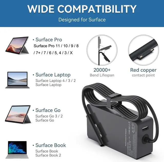 Alt view image 4 of 7 - BONAEVER Surface Pro Charger Laptop 65w 44w, Surface Charger for Microsoft Surface 11,10, 9, 8, 7+, 7, 6, 5, 4, 3, X Windows Surface Laptop 6, 5, 4, 3, 2, 1, Surface Go Tablet, Surface Book Power Cord