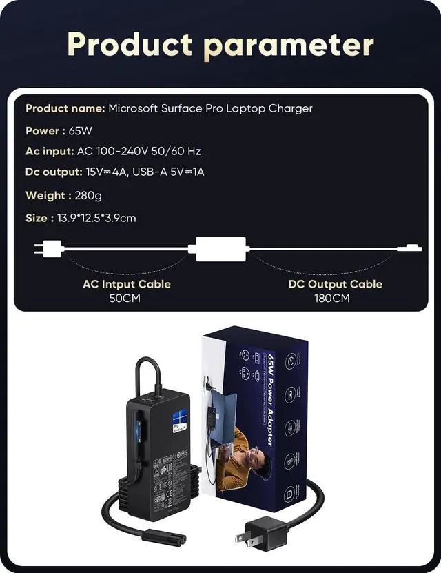Alt view image 7 of 7 - BONAEVER 65W Surface Pro Laptop Charger for Microsoft Surface Pro 11, 10, 9, 8, 7+, 7, 6, 5, 4, 3, X, Windows Surface Laptop 6, 5, 4, 3, 2, 1, Surface Go Tablet, Surface Book 3, 2, 1, Support 44W, 36W