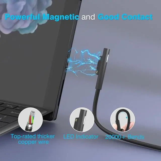 Alt view image 5 of 7 - BONAEVER 127W Microsoft Surface Book 3 Laptop Charger for 102W Surface Book 2, 1, Surface Laptop Studio 2, 1, Windows Surface Pro/Laptop/Go, Super Long Cable with Powerful Magnetic Plug and LED