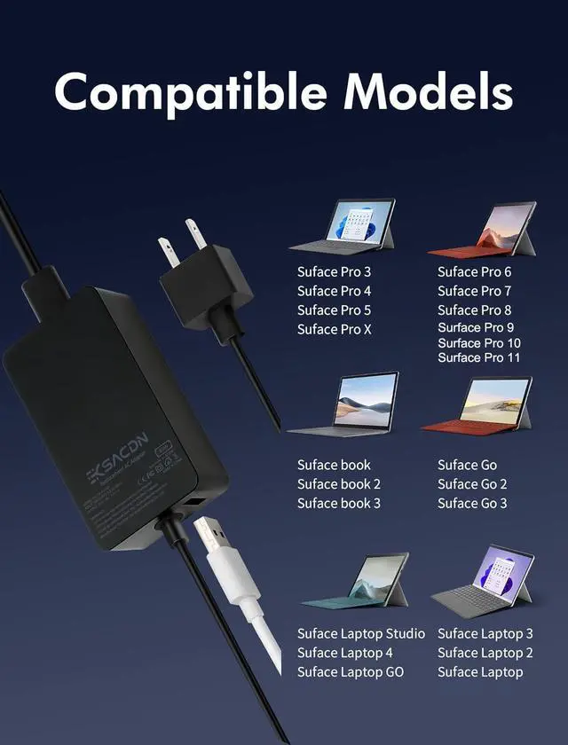 Alt view image 5 of 7 - BONAEVER Surface Book 2 Charger, 102W 15V 6.33A Surface Laptop Power Supply Compatible with Microsoft Surface Book 2/3 Surface Laptop 2/3/4/5 Surface Pro 11/10/9/8/7/6/5 with USB 5V 1.5A