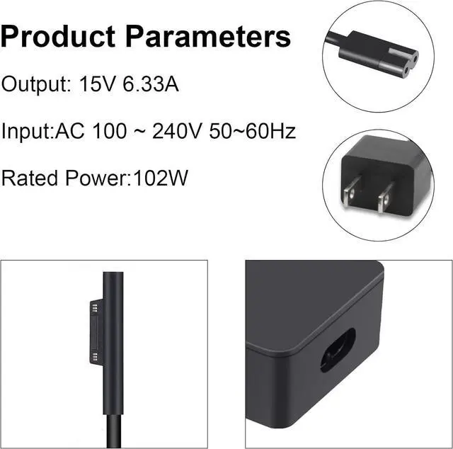 Alt view image 3 of 7 - BONAEVER Surface Book 2 Charger, 102W 15V 6.33A Surface Laptop Power Supply Compatible with Microsoft Surface Book 2/3 Surface Laptop 2/3/4/5 Surface Pro 11/10/9/8/7/6/5 with USB 5V 1.5A