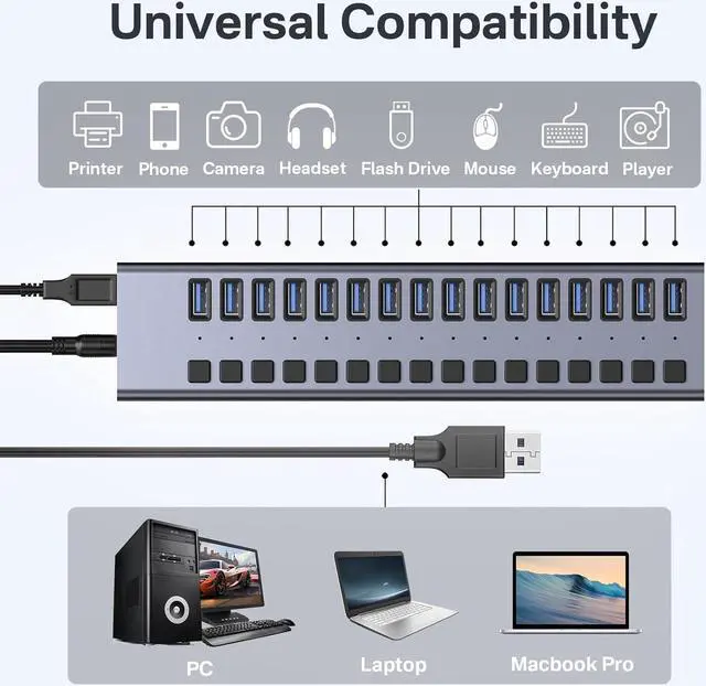 Alt view image 6 of 7 - BONAEVER Powered USB 3.1 Hub, 16 Ports USB 3.1 Hub with 10Gbps Data Speed,Aluminum Housing, USB Hub Powered with 90W Power Adapter, USB Hub for PC/Laptop, Computer, Flash Drive, Printer, Camera