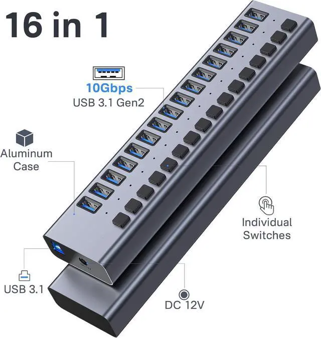 Alt view image 2 of 7 - BONAEVER Powered USB 3.1 Hub, 16 Ports USB 3.1 Hub with 10Gbps Data Speed,Aluminum Housing, USB Hub Powered with 90W Power Adapter, USB Hub for PC/Laptop, Computer, Flash Drive, Printer, Camera