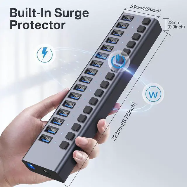 Alt view image 4 of 7 - BONAEVER Powered USB 3.1 Hub, 16 Ports USB 3.1 Hub with 10Gbps Data Speed,Aluminum Housing, USB Hub Powered with 90W Power Adapter, USB Hub for PC/Laptop, Computer, Flash Drive, Printer, Camera