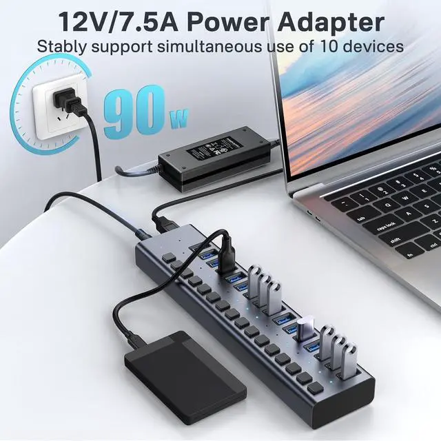 Alt view image 5 of 7 - BONAEVER Powered USB 3.1 Hub, 16 Ports USB 3.1 Hub with 10Gbps Data Speed,Aluminum Housing, USB Hub Powered with 90W Power Adapter, USB Hub for PC/Laptop, Computer, Flash Drive, Printer, Camera