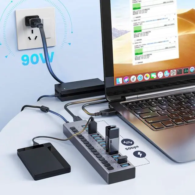Alt view image 2 of 7 - BONAEVER 90W Powered USB Hub - 16 Ports USB 3.0 Data Port, Aluminum Housing, Individual On/Off Switches, 12V/7.5A Power Adapter, USB Charging Hub/USB Splitter for Laptop, PC, Computer, Printer