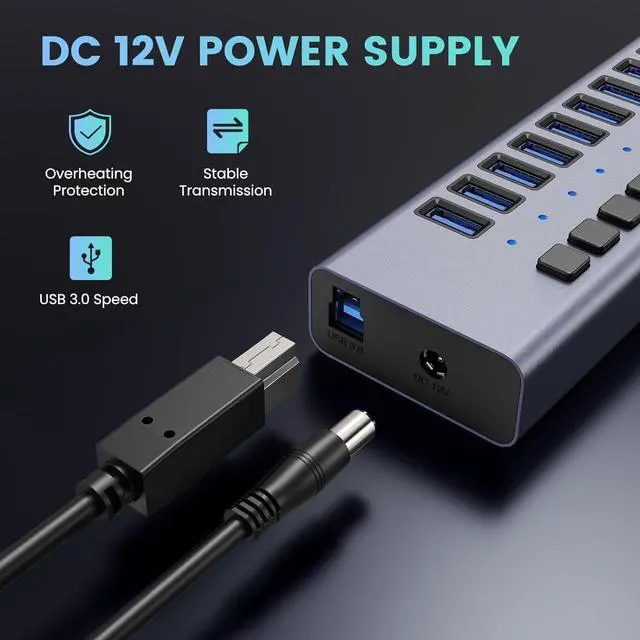 Alt view image 5 of 7 - BONAEVER 90W Powered USB Hub - 16 Ports USB 3.0 Data Port, Aluminum Housing, Individual On/Off Switches, 12V/7.5A Power Adapter, USB Charging Hub/USB Splitter for Laptop, PC, Computer, Printer
