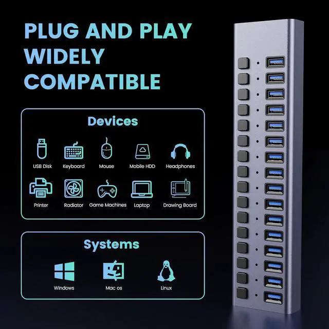 Alt view image 6 of 7 - BONAEVER 90W Powered USB Hub - 16 Ports USB 3.0 Data Port, Aluminum Housing, Individual On/Off Switches, 12V/7.5A Power Adapter, USB Charging Hub/USB Splitter for Laptop, PC, Computer, Printer