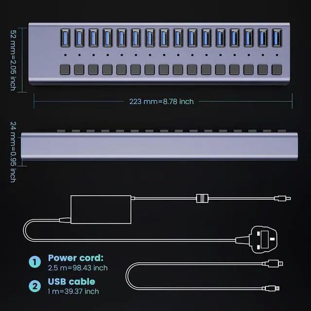 Alt view image 7 of 7 - BONAEVER 90W Powered USB Hub - 16 Ports USB 3.0 Data Port, Aluminum Housing, Individual On/Off Switches, 12V/7.5A Power Adapter, USB Charging Hub/USB Splitter for Laptop, PC, Computer, Printer