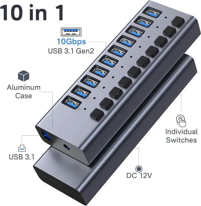 Alt view image 2 of 7 - BONAEVER Powered USB Hub,10 Ports USB 3.1 Hub with 10Gbps Data Speed, Individual On/Off Switches, 12V4A 48W Power Adapter, USB Hub 3.1 Powered for MacBook, Mac Pro/Mini, Surface Pro Laptop/PC