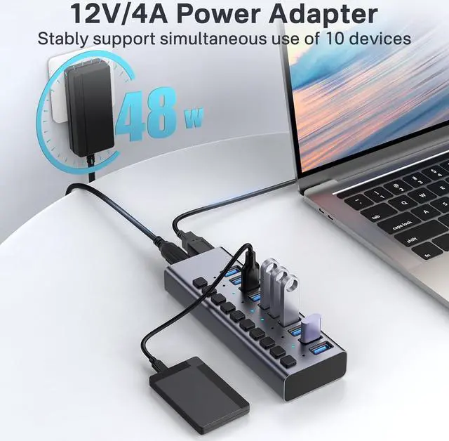 Alt view image 3 of 7 - BONAEVER Powered USB Hub,10 Ports USB 3.1 Hub with 10Gbps Data Speed, Individual On/Off Switches, 12V4A 48W Power Adapter, USB Hub 3.1 Powered for MacBook, Mac Pro/Mini, Surface Pro Laptop/PC