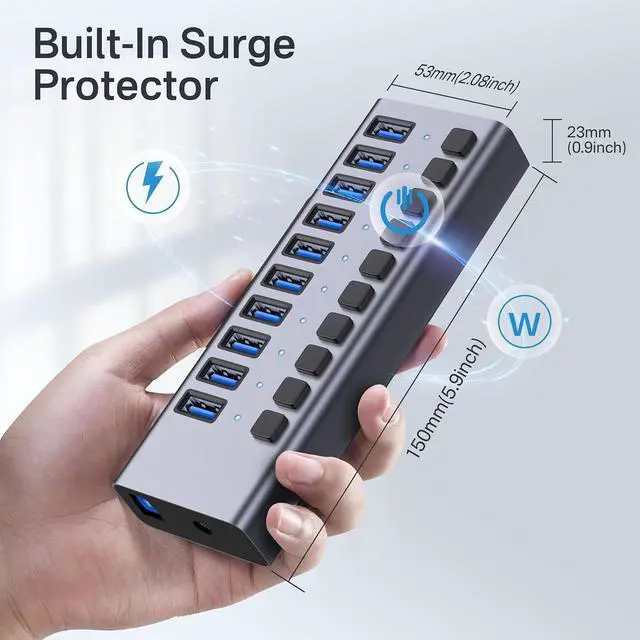 Alt view image 7 of 7 - BONAEVER Powered USB Hub,10 Ports USB 3.1 Hub with 10Gbps Data Speed, Individual On/Off Switches, 12V4A 48W Power Adapter, USB Hub 3.1 Powered for MacBook, Mac Pro/Mini, Surface Pro Laptop/PC