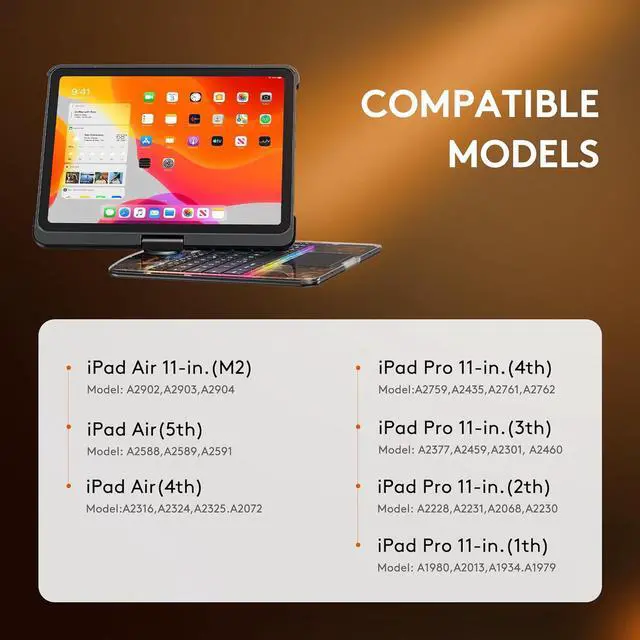 Alt view image 7 of 7 - Touch Keyboard Case for iPad Air M2 11 Inch 2025 2024/iPad Pro 11 4th/3rd/2nd/1st Gen 2021/2020/2018/iPad Air 5th/4th Gen with Clear Hard PC Back & Trackpad & Backlight & 360° Rotatable & Pen Holder