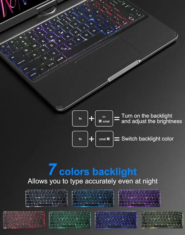 Alt view image 2 of 7 - Touch Keyboard Case for iPad Air M2 11 Inch 2025 2024/iPad Pro 11 4th/3rd/2nd/1st Gen 2021/2020/2018/iPad Air 5th/4th Gen with Clear Hard PC Back & Trackpad & Backlight & 360° Rotatable & Pen Holder