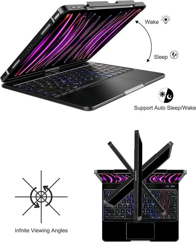Alt view image 4 of 7 - Touch Keyboard Case for iPad Air M2 11 Inch 2025 2024/iPad Pro 11 4th/3rd/2nd/1st Gen 2021/2020/2018/iPad Air 5th/4th Gen with Clear Hard PC Back & Trackpad & Backlight & 360° Rotatable & Pen Holder