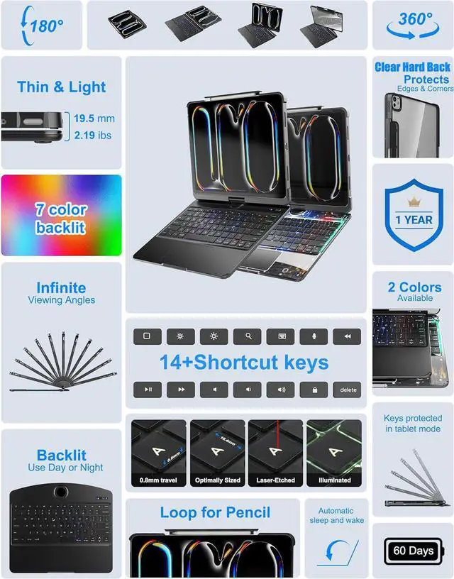 Alt view image 5 of 7 - Wireless Touch Keyboard Case for iPad (A16) 11th Generation 11 Inch 2025, iPad 10th Generation 10.9 inch 2022 with Clear Hard PC Back & Trackpad & Backlight & 360° Rotatable & Pencil Holder