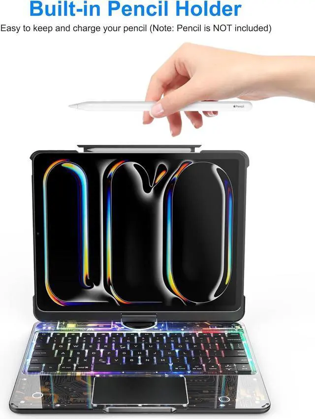 Alt view image 3 of 7 - Wireless Touch Keyboard Case for iPad 9th 8th 7th Generation 10.2 Inch 2021/2020/2019 with Clear Hard Cover & Trackpad & Backlight & 360° Rotatable & Pencil Holder Clear