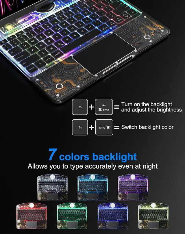 Alt view image 2 of 7 - Wireless Touch Keyboard Case for iPad 9th 8th 7th Generation 10.2 Inch 2021/2020/2019 with Clear Hard Cover & Trackpad & Backlight & 360° Rotatable & Pencil Holder Clear