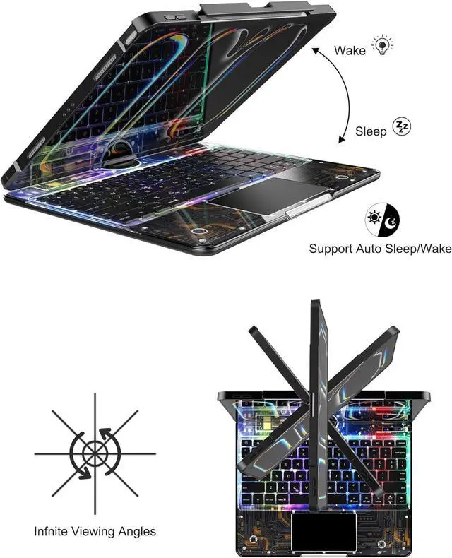 Alt view image 4 of 7 - Wireless Touch Keyboard Case for iPad 9th 8th 7th Generation 10.2 Inch 2021/2020/2019 with Clear Hard Cover & Trackpad & Backlight & 360° Rotatable & Pencil Holder Clear