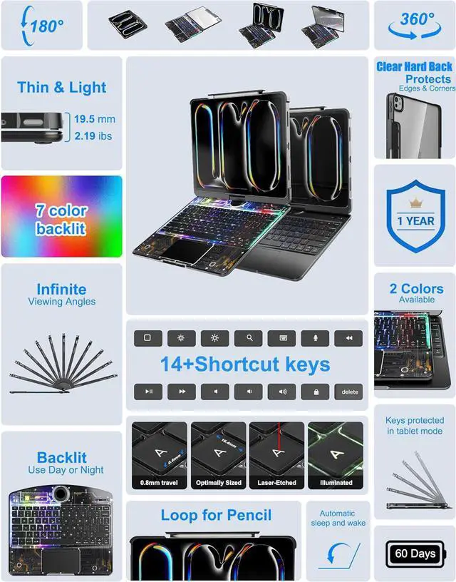 Alt view image 5 of 7 - Wireless Touch Keyboard Case for iPad 9th 8th 7th Generation 10.2 Inch 2021/2020/2019 with Clear Hard Cover & Trackpad & Backlight & 360° Rotatable & Pencil Holder Clear