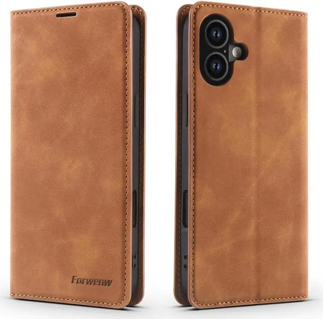 Main image of BONAEVER Case for iPhone 16 6.1 inch Premium PU Leather Phone Cover with Card Holder Stand, Shockproof Flip Wallet Cover Brown