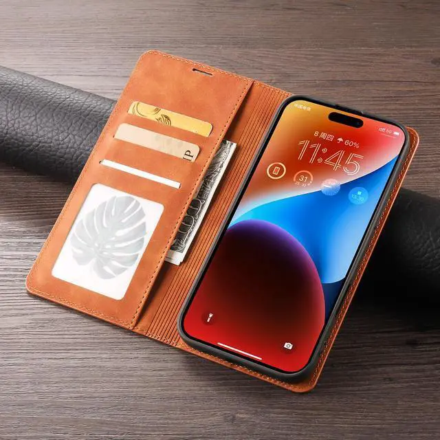 Alt view image 5 of 7 - BONAEVER Case for iPhone 16 6.1 inch Premium PU Leather Phone Cover with Card Holder Stand, Shockproof Flip Wallet Cover Brown