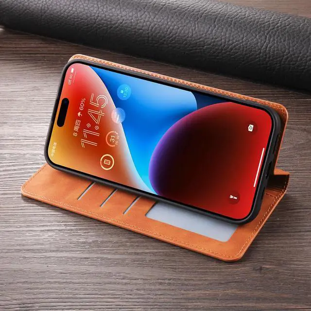 Alt view image 6 of 7 - BONAEVER Case for iPhone 16 6.1 inch Premium PU Leather Phone Cover with Card Holder Stand, Shockproof Flip Wallet Cover Brown