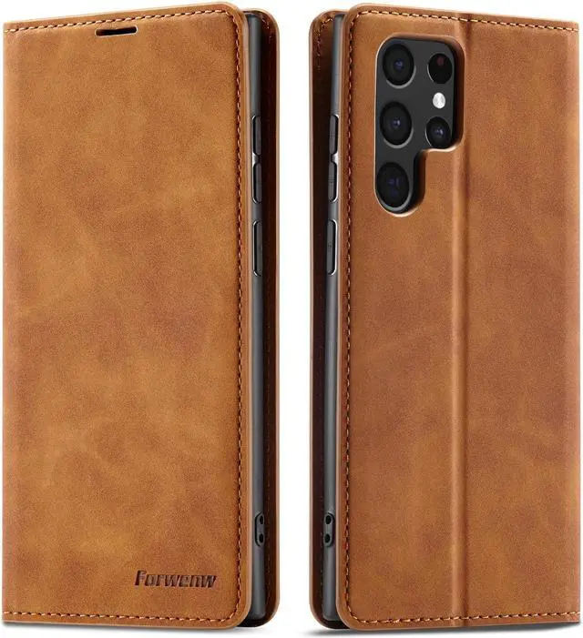 Main image of BONAEVER Case for Samsung Galaxy S24 Ultra 6.8 inch Premium PU Leather Phone Cover with Card Holder Stand, Shockproof Flip Wallet Cover Brown