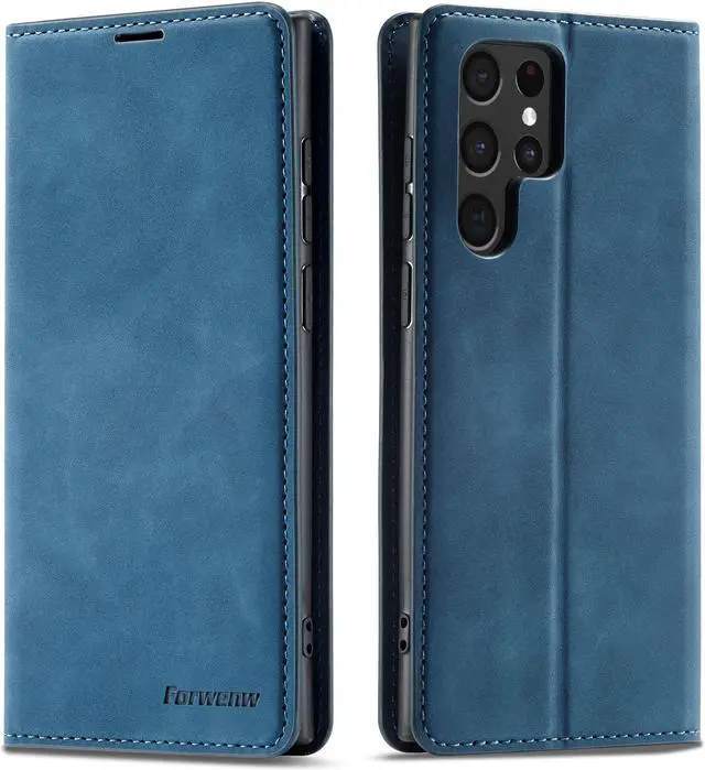 Main image of BONAEVER Case for Samsung Galaxy S24 Ultra 6.8 inch Premium PU Leather Phone Cover with Card Holder Stand, Shockproof Flip Wallet Cover Blue
