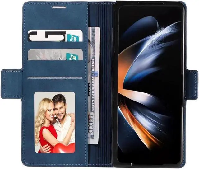 Alt view image 7 of 7 - BONAEVER Case for Samsung Galaxy Z Fold 6 5G Premium PU Leather Phone Cover with Card Holder Stand, Shockproof Flip Wallet Cover Blue